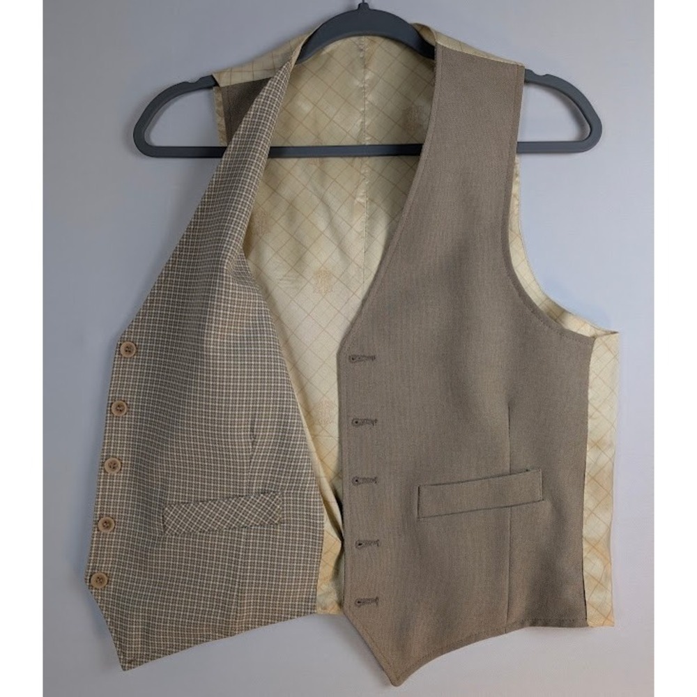 VTG 70s Reversible Suit Vest Mens M Brown Plaid Working Pockets 38" Chest EUC - Picture 2 of 9